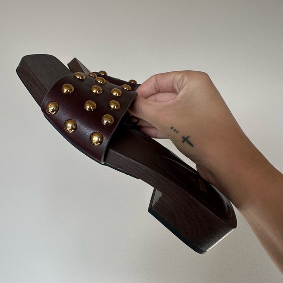 Zara Brown Studded Wooden Base Sandals Women’s Size 5 - Picture 8 of 9